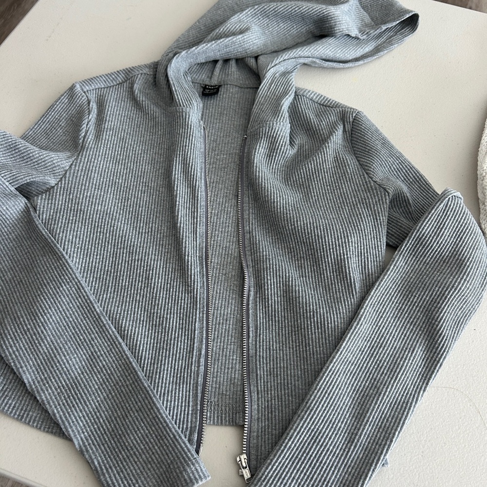 SHEIN Light Grey Ribbed Zip Hoodie